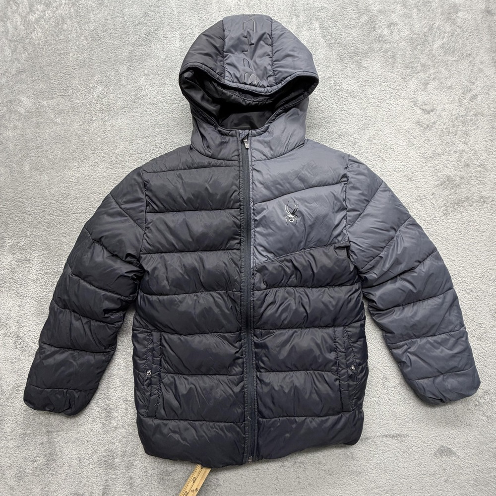Spyder Jacket Boys XL Black Puffer Insulated Hooded Full Zip Ski Coat Lined